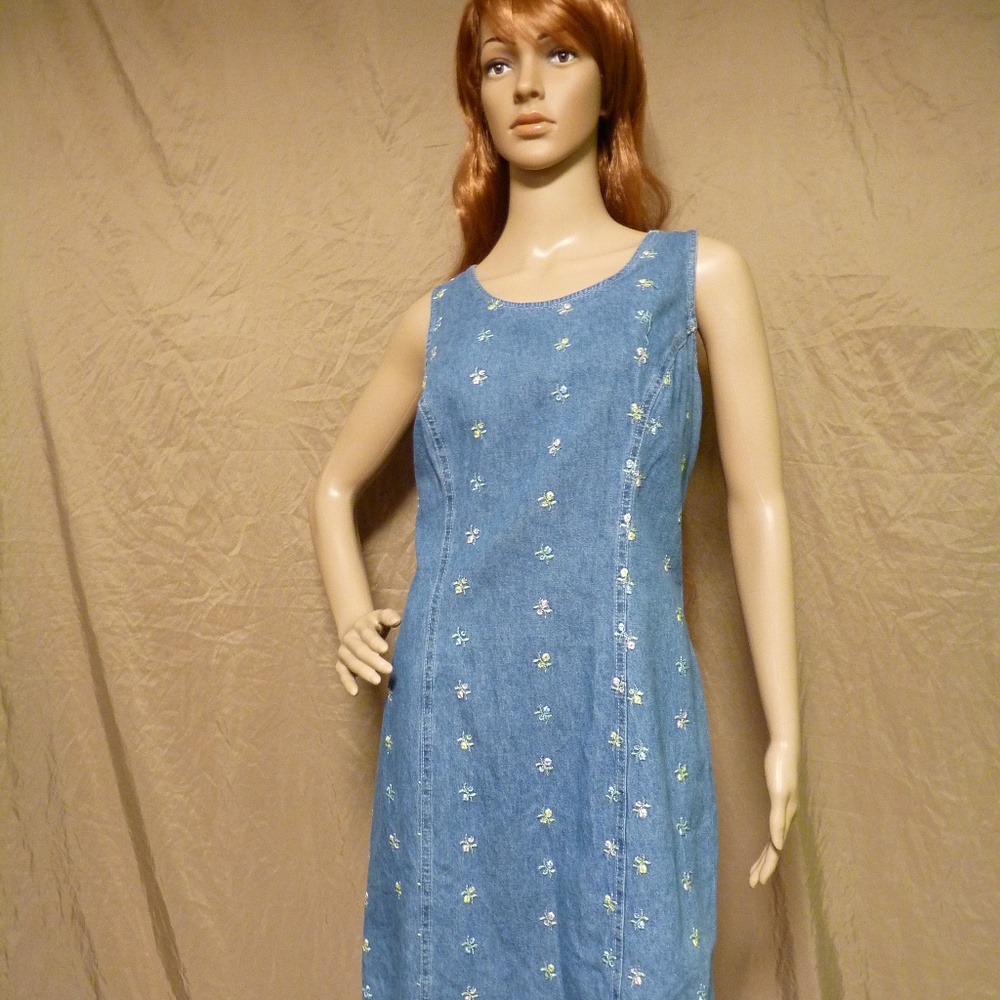 Denim Mini Dress Embroidered Flowers Curvy Fit